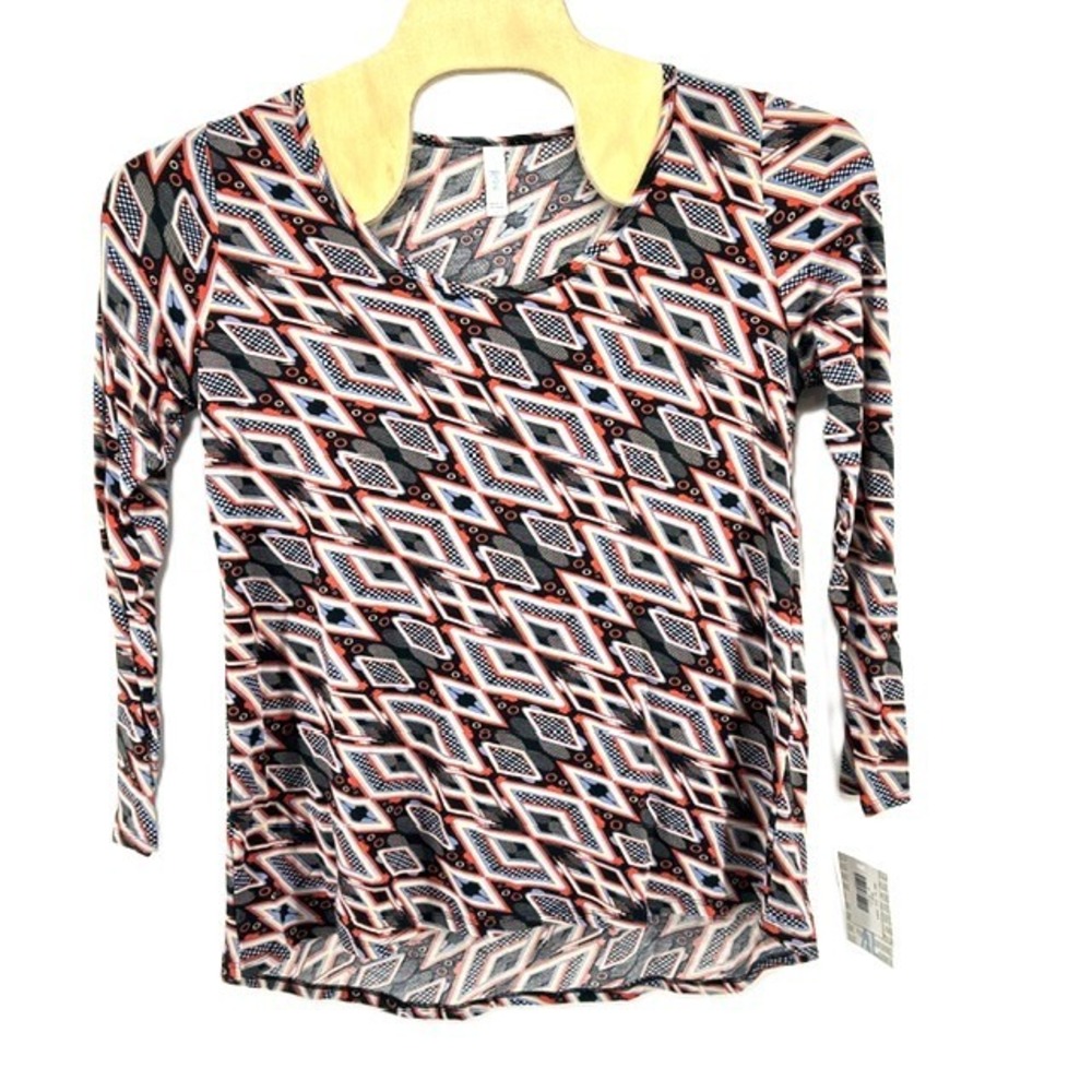LuLaRoe Lynnae Top XL Womens Long Sleeve Geometric Diamond Print Red Blue NWT